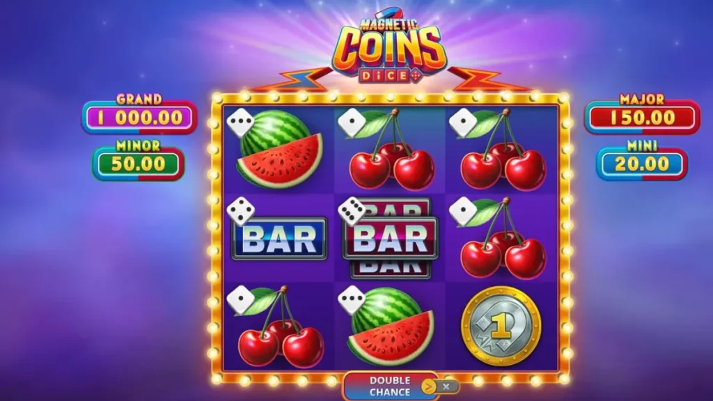 Tampilan visual mesin slot Magnetic Coins Dice dengan simbol koin dan magnet