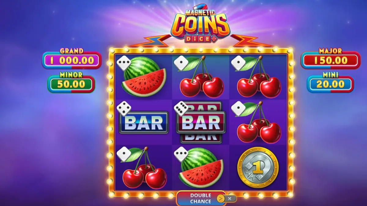 Tampilan visual mesin slot Magnetic Coins Dice dengan simbol koin dan magnet
