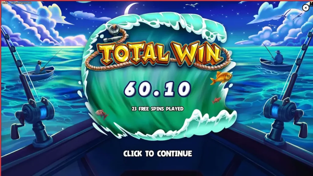 Pemandangan laut tropis dan kapal nelayan dalam slot Marlin Masters OG