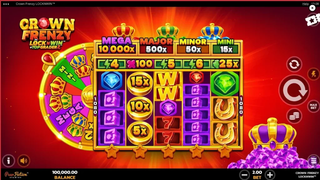 Tampilan visual mewah dari slot Crown Frenzy LockNWin dengan simbol permata dan mahkota.
