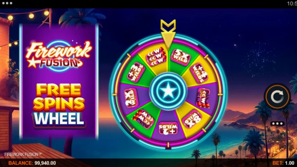 Tampilan visual slot Firework Fusion dengan tema karnaval pantai dan kembang api