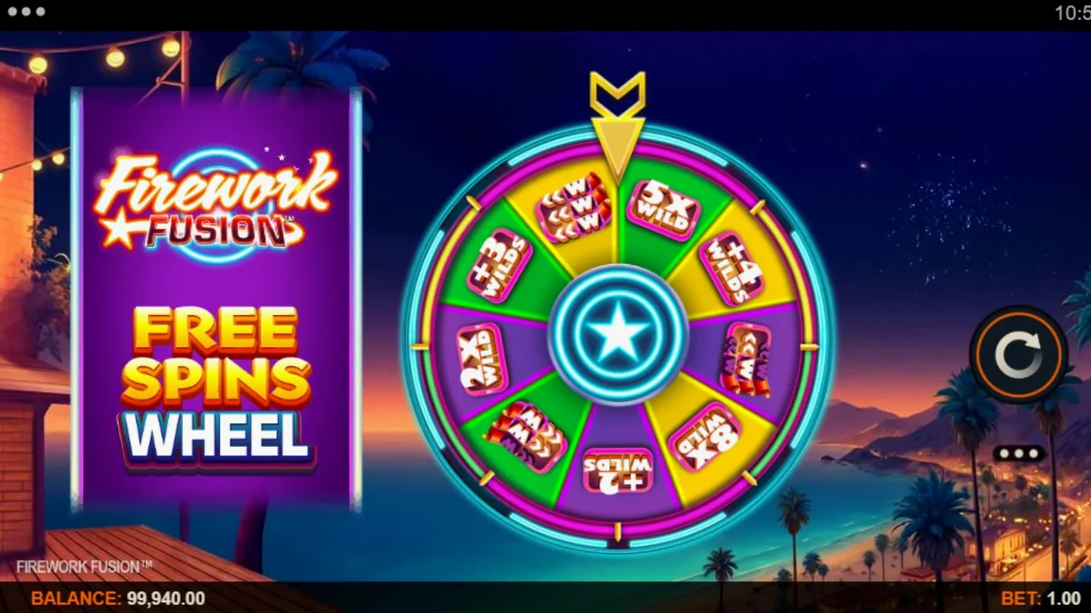 Tampilan visual slot Firework Fusion dengan tema karnaval pantai dan kembang api